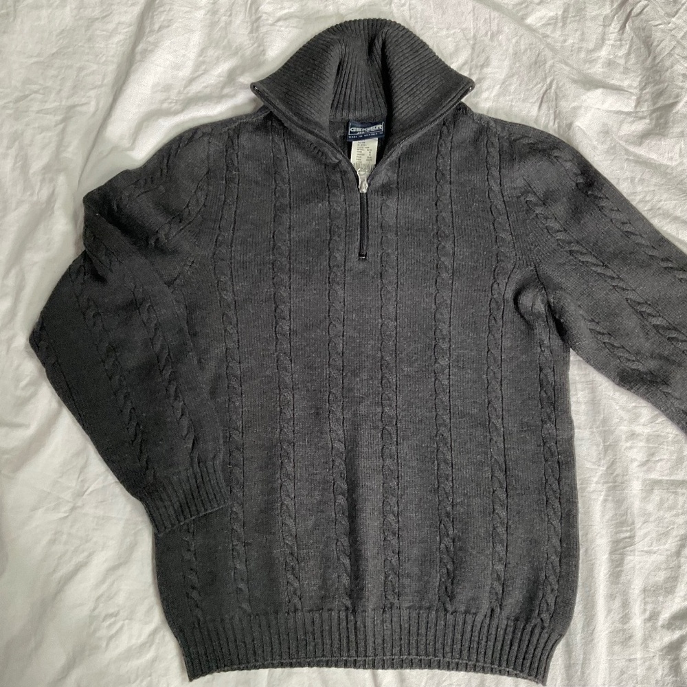 Men’s Quarter Zip 100% New Wool Knitted Sweater by Geiger Men (Medium)